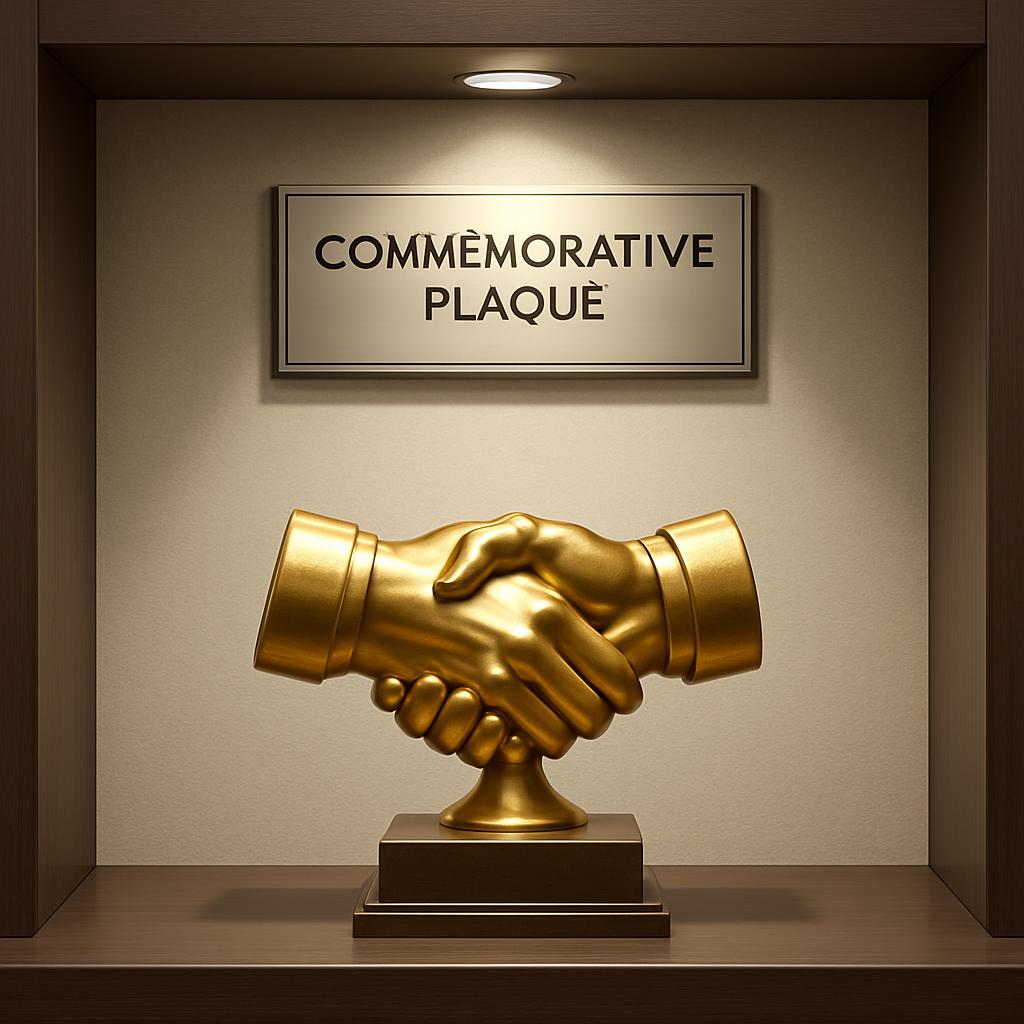 A golden handshake with a commemorative plaque behind it.