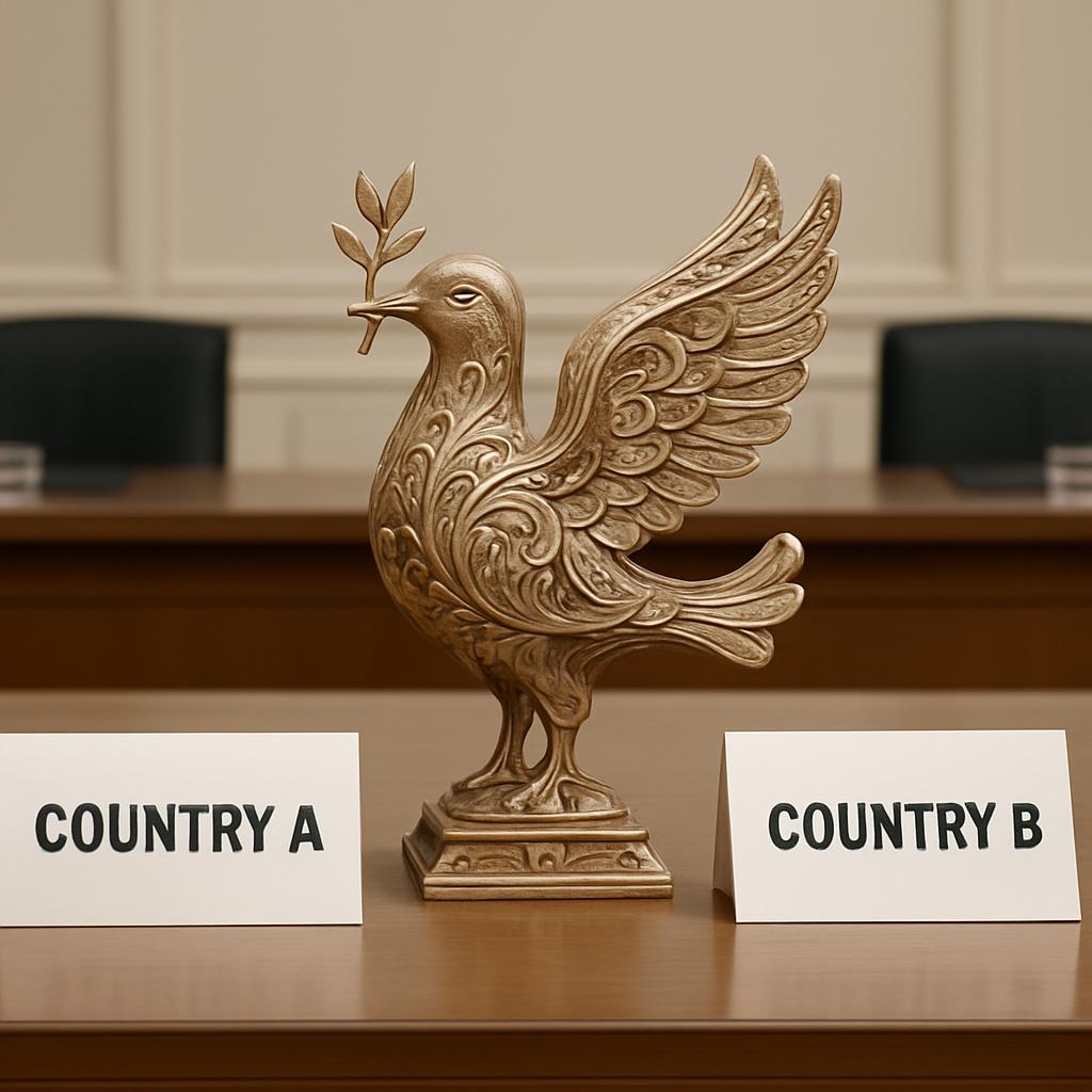 A golden statue of a bird with a dove-like head figurine on a wooden table, flanked by two paper cards labeled "Country A"...